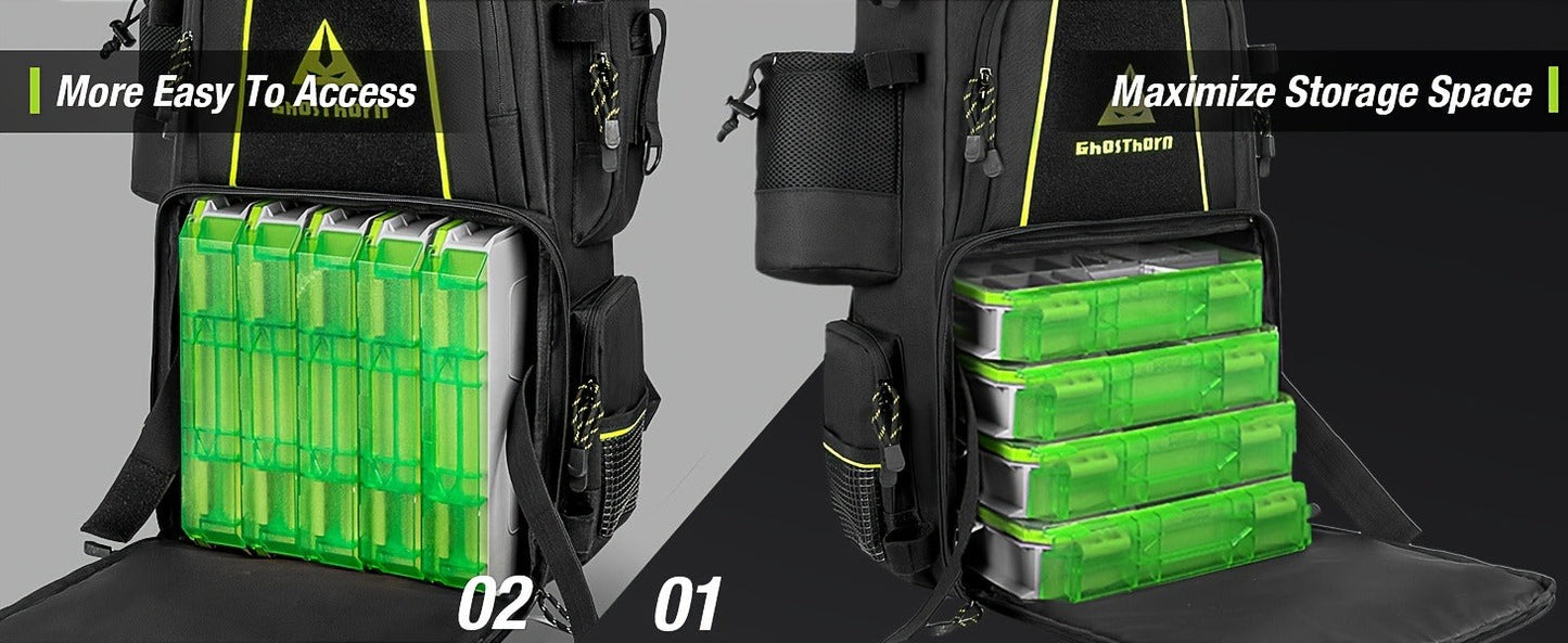 Large Fishing Tackle Bag with 4 Tackle Boxes – 43L Backpack with Rod Holder, Detachable Waist Pack & Gear Storage for Men Women | Black
