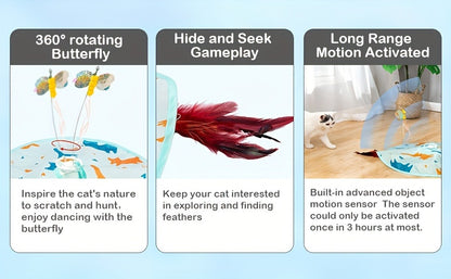 Interactive Cat Toy Electric Motion Activated 2-in-1 Rotating Butterfly & Feather Wand – USB Rechargeable 1200mAh Auto Shut-Off 3 Speed