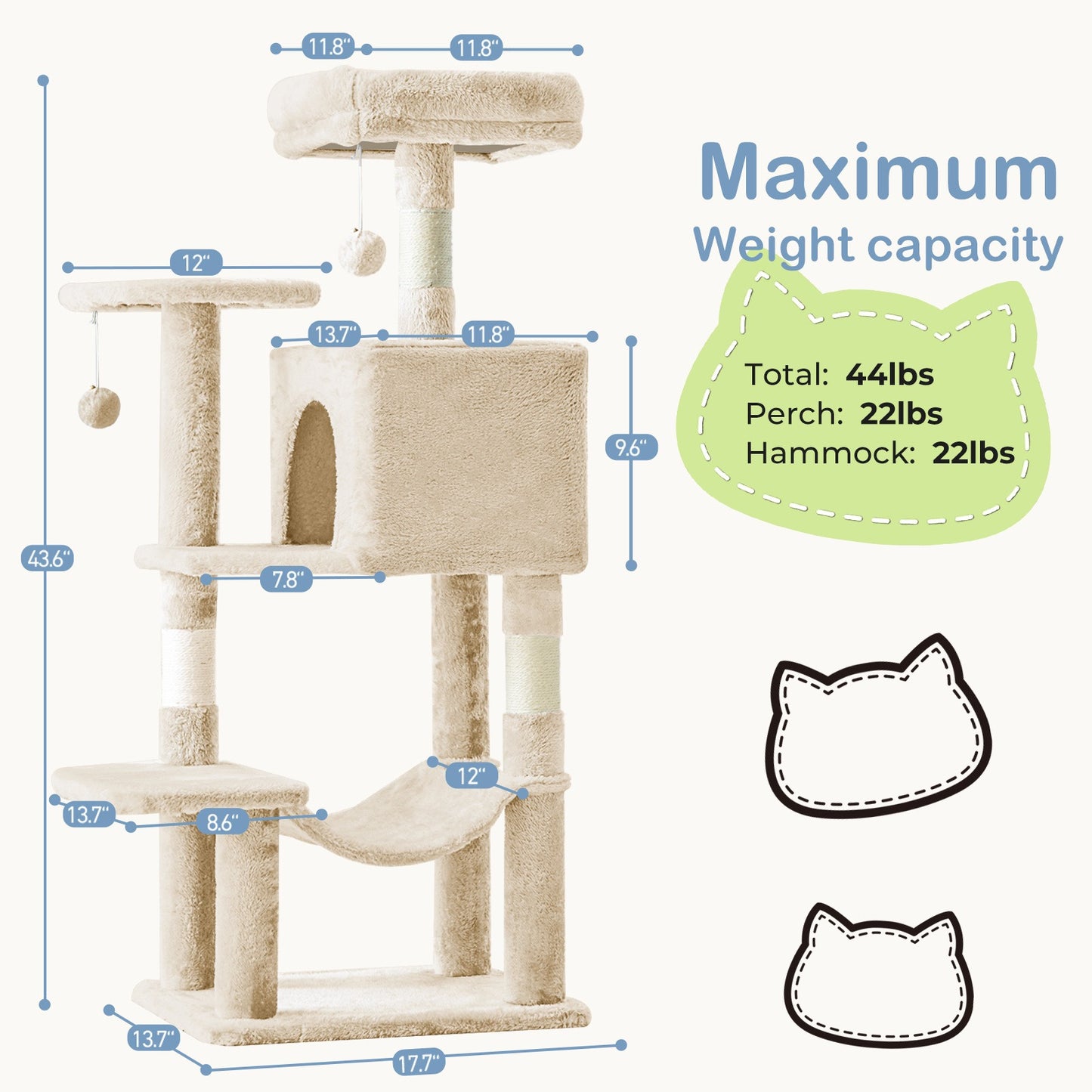 44-Inch Cat Tree Tower with Condo & Hammock – Multi-Level Indoor Cat Tree with Natural Sisal Scratching Posts