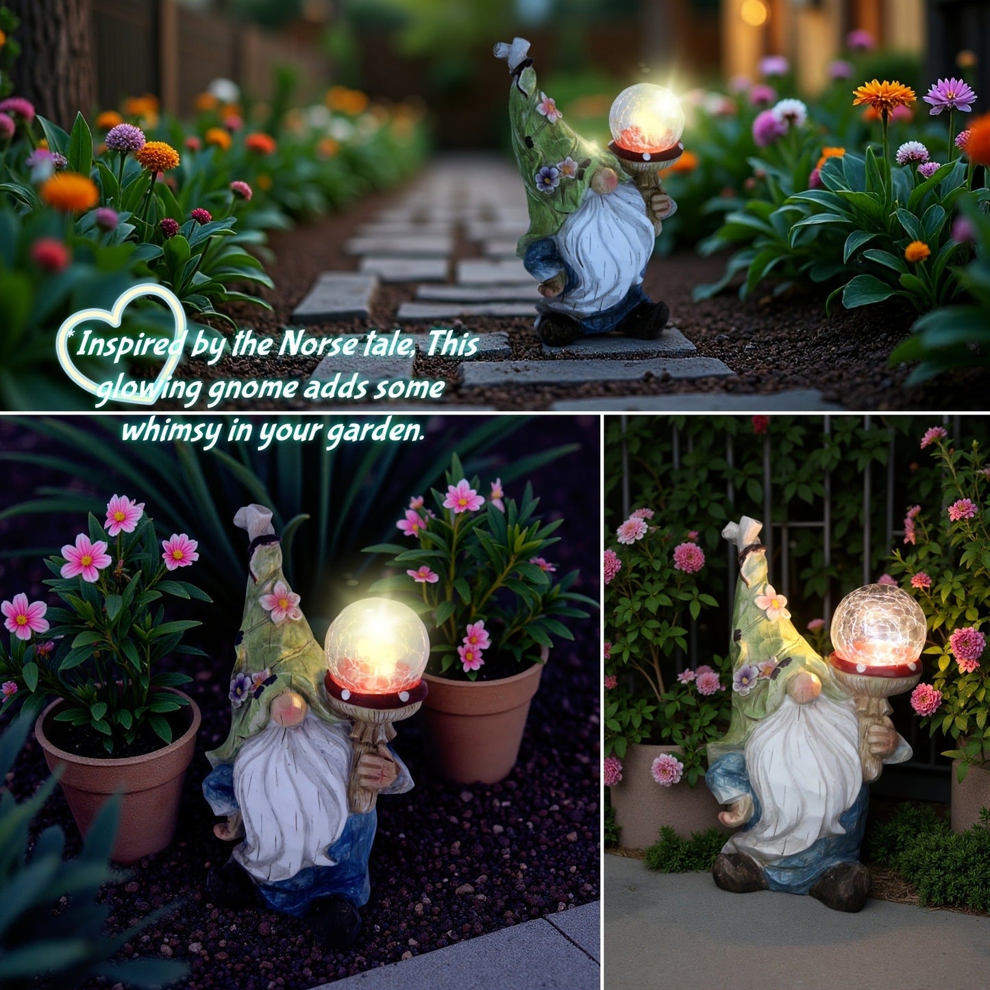 Solar Garden Gnome Statue with LED Magical Ball Light Outdoor Resin Dwarf Sculpture IP44 Waterproof Spring Yard Patio Decor Housewarming