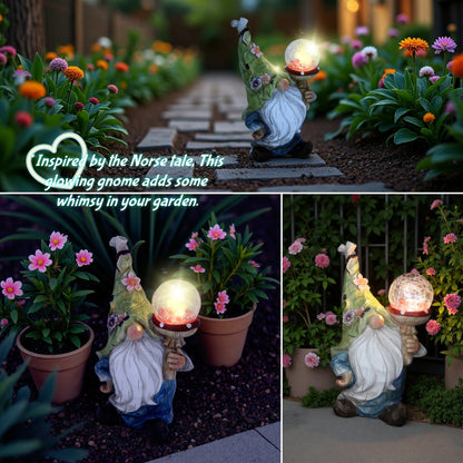 Solar Garden Gnome Statue with LED Magical Ball Light Outdoor Resin Dwarf Sculpture IP44 Waterproof Spring Yard Patio Decor Housewarming