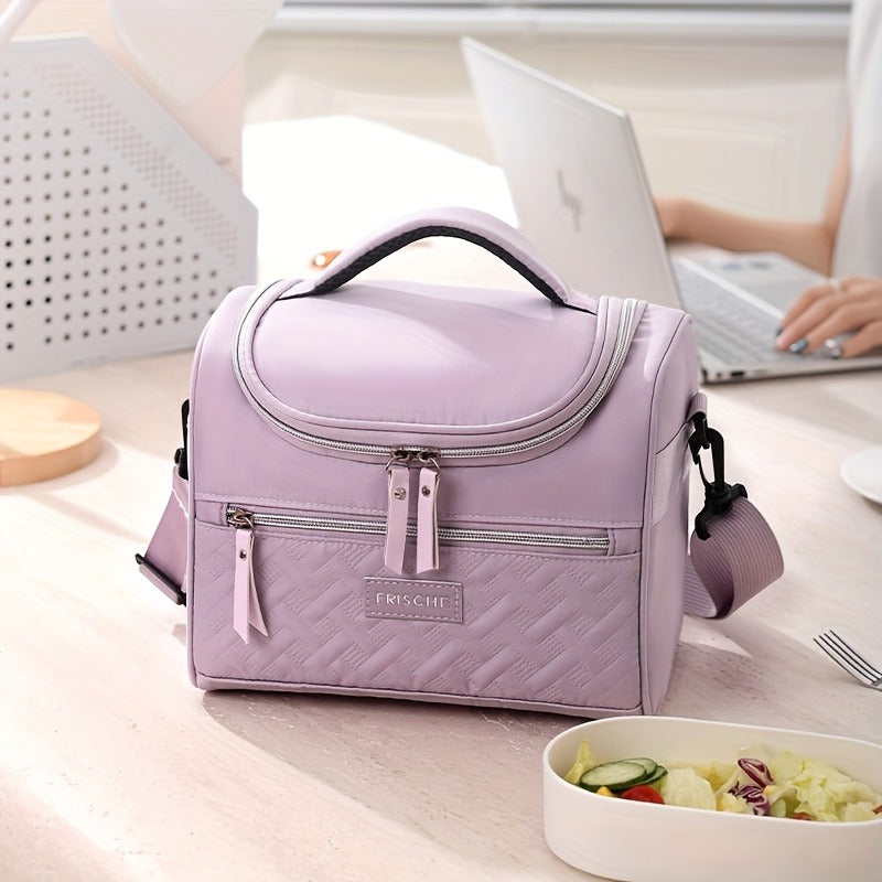 Quilted Lunch Bag Tote with Dual Zippers, Front and Side Pockets, Shoulder Strap and Four Colors