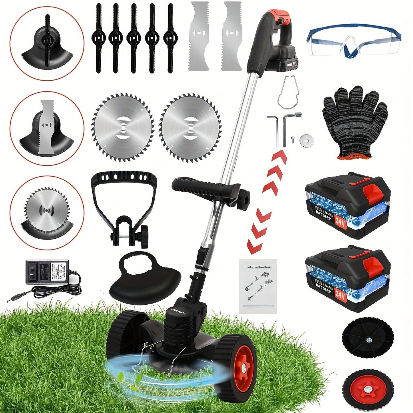 Weed Wacker Cordless 24V Brush Cutter, Electric String Trimmer with 2 Batteries & Charger, 3 Blade Types