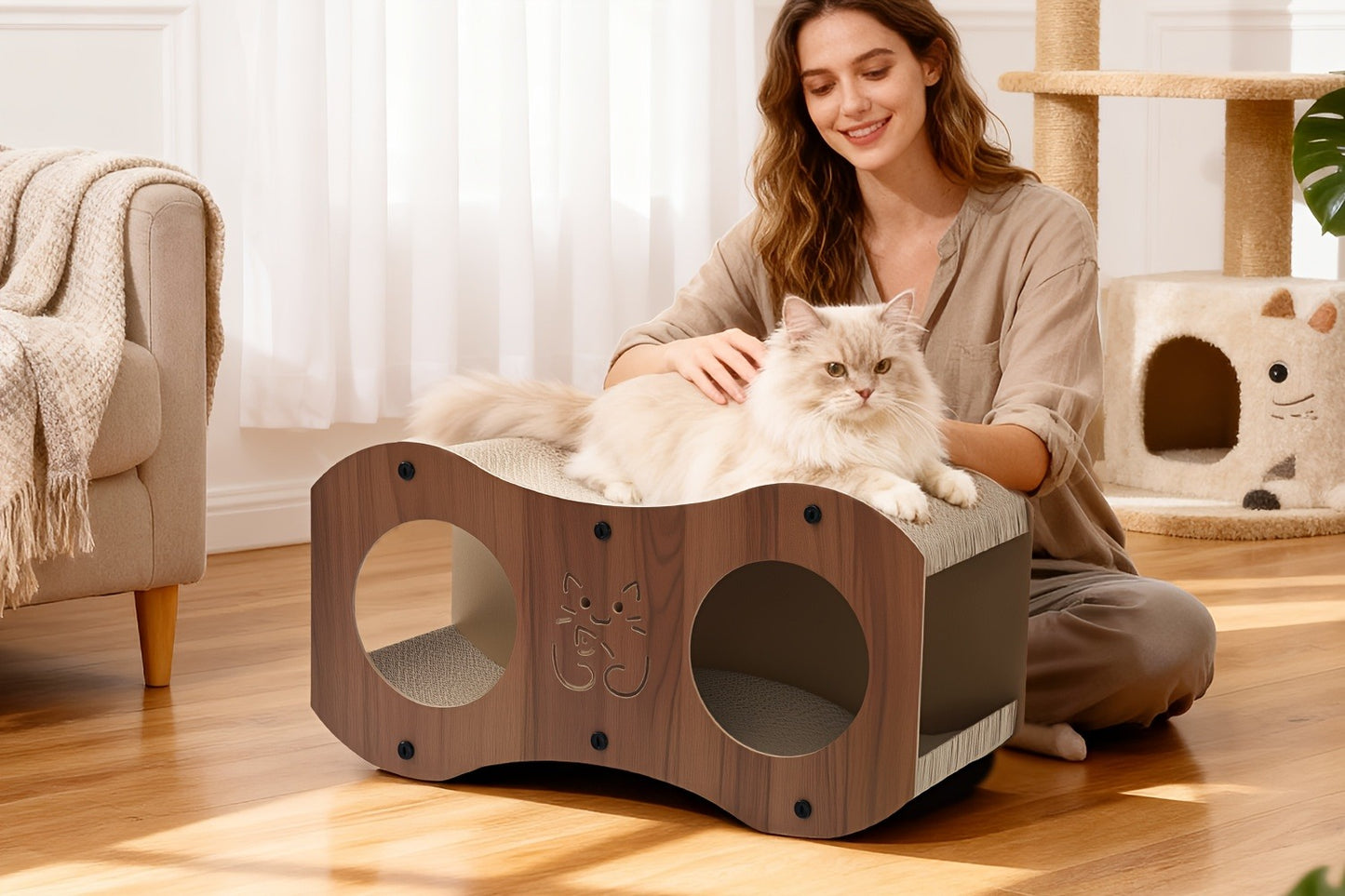 Cat Scratching Post with Integrated Cat Bed – Sturdy Walnut Wood Base, 4-Season Woven Scratch Pad, Indoor Cat Scratcher Lounge