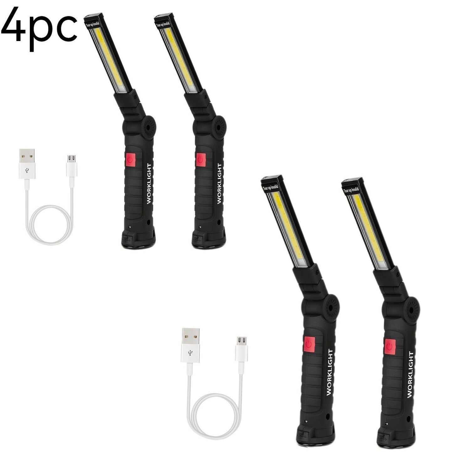 Foldable Black and Khaki Work Light Multipacks with Pivoting COB Bar and Pictured Charging Cables