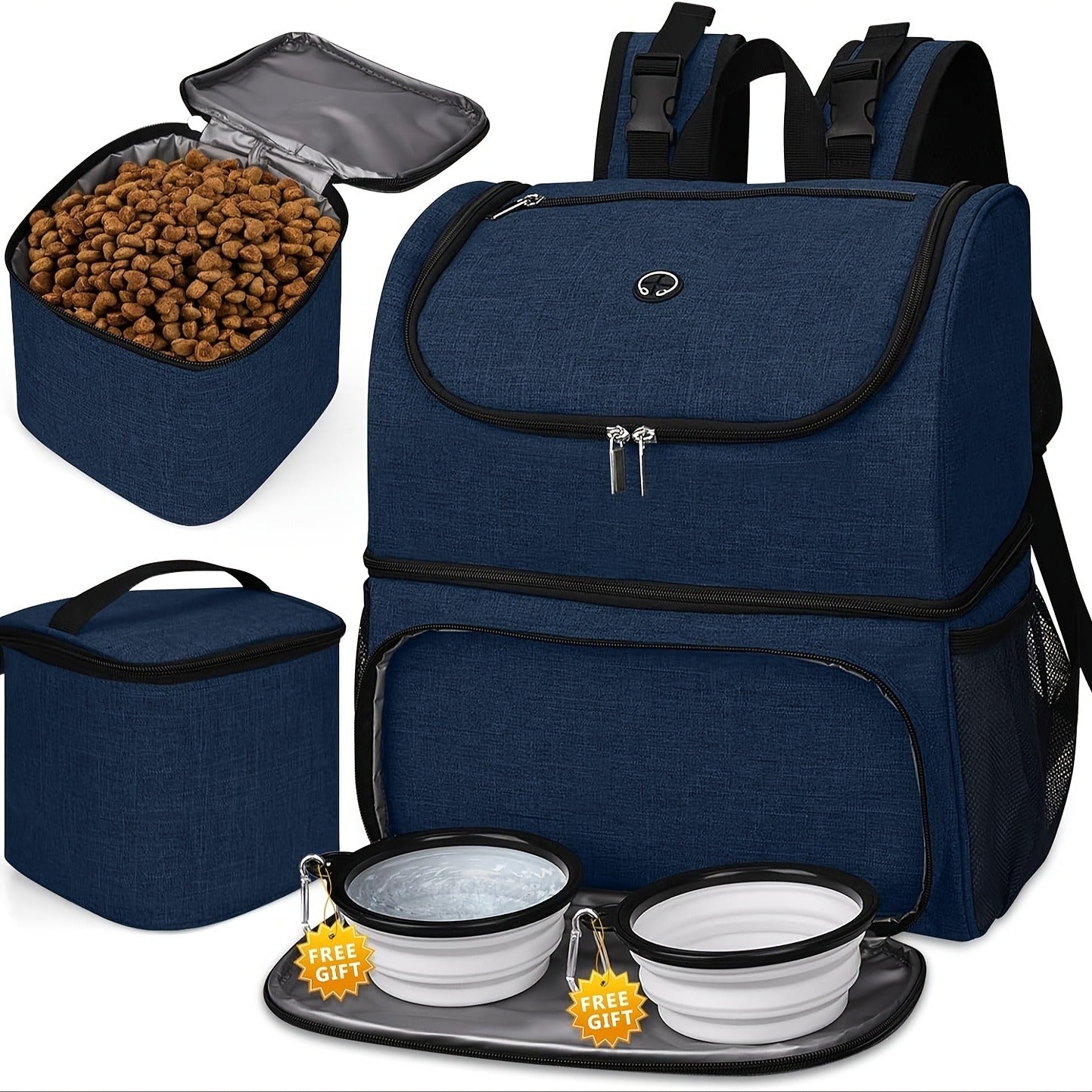 Pet Travel Backpack Double Layer Dog Cat Supplies Bag with 2 Collapsible Bowls 2 Food Baskets Portable Organizer for Outdoor Hiking Camping