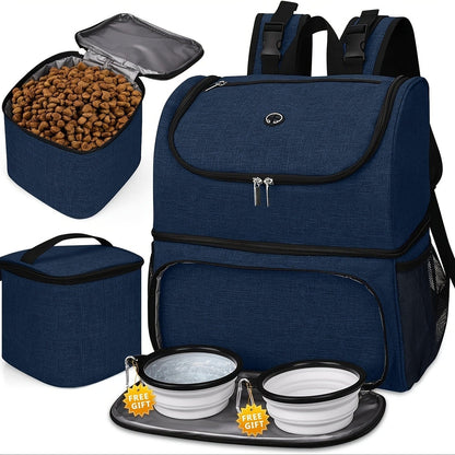 Pet Travel Backpack Double Layer Dog Cat Supplies Bag with 2 Collapsible Bowls 2 Food Baskets Portable Organizer for Outdoor Hiking Camping
