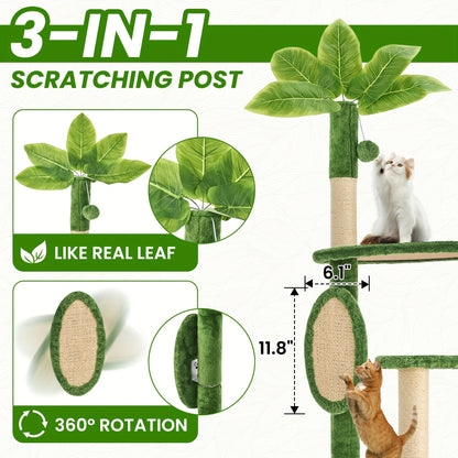 Cat Tree 55" Large Multi-Level Cat Tower for Indoor Cats with Green Leaves, Hammock, Sisal Scratching Posts & Hanging Ball Toy