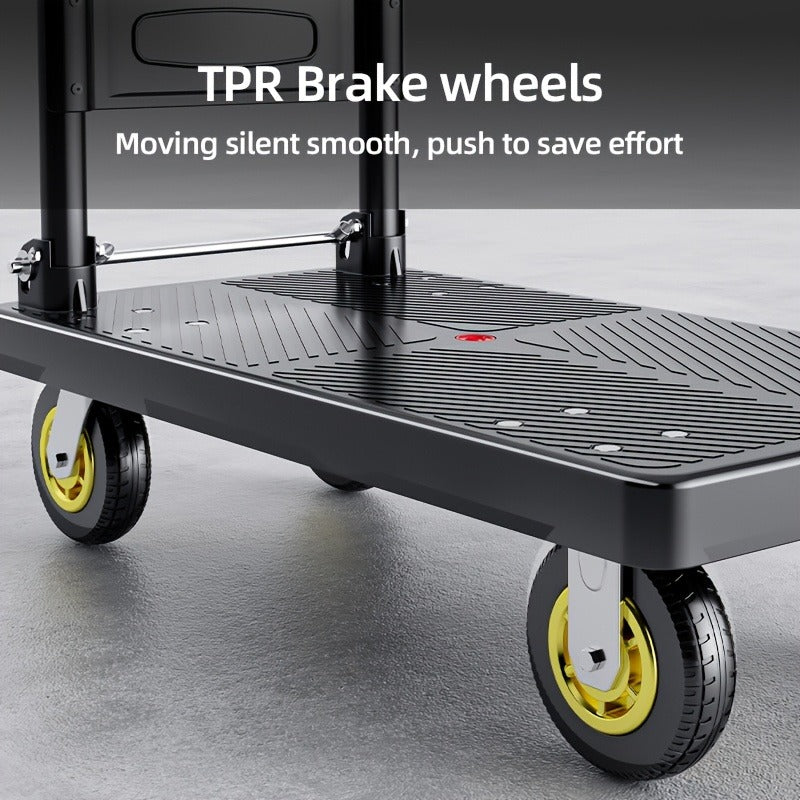 Four-Wheel Platform Dolly Cart with Folding Handle, Two Platform Sizes and 660 or 800 lb Load Labels