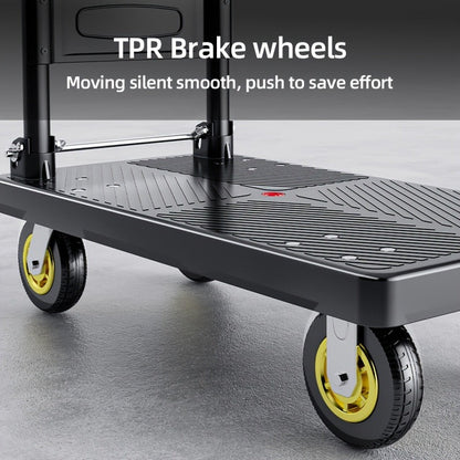 Four-Wheel Platform Dolly Cart with Folding Handle, Two Platform Sizes and 660 or 800 lb Load Labels