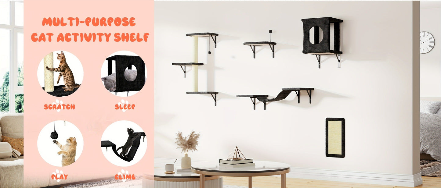 Five-Piece Wall-Mounted Cat Furniture Set with Open Perches, Suspended Bridge and Enclosed Cube