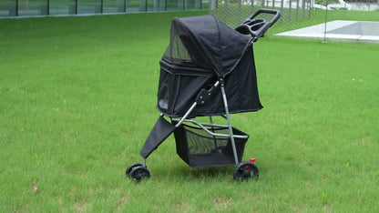 3-Wheel Pet Stroller for Small & Medium Dogs Cats – Foldable Jogger Stroller with Weather Cover, Storage Basket & Cup Holder