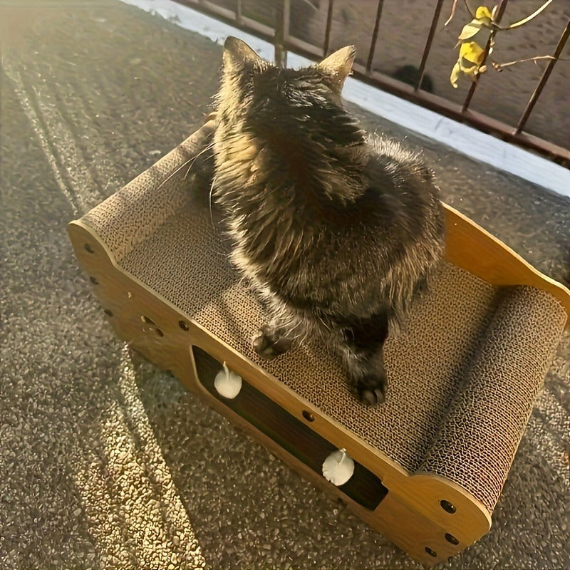 Large Cat House with Scratcher Pad & Plush Ball Toys, Ventilated Multi-Functional Indoor Outdoor Cat Shelter