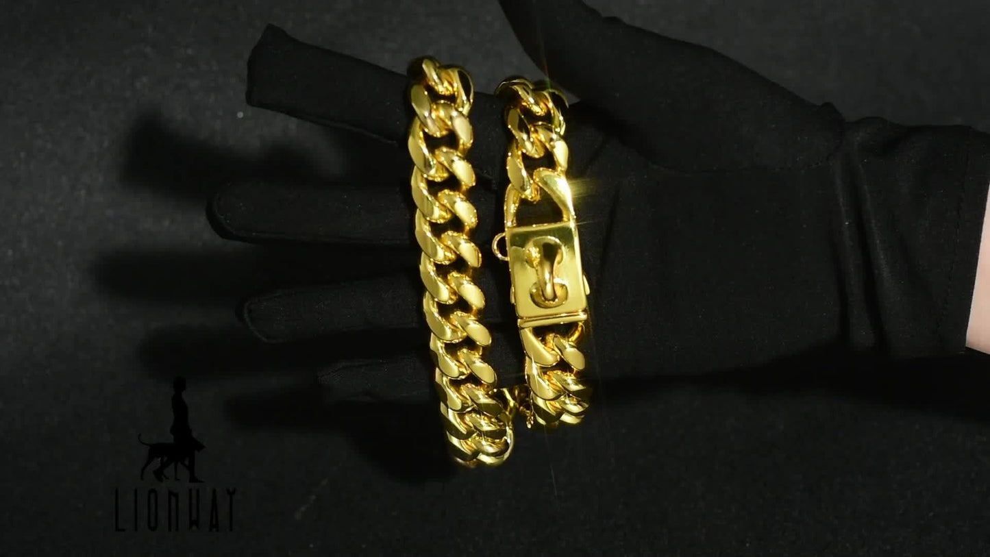 Gold-Color Cuban Link Dog Chain Collar with Paw and Bell Charms in Six Lengths from 16 to 26 Inches