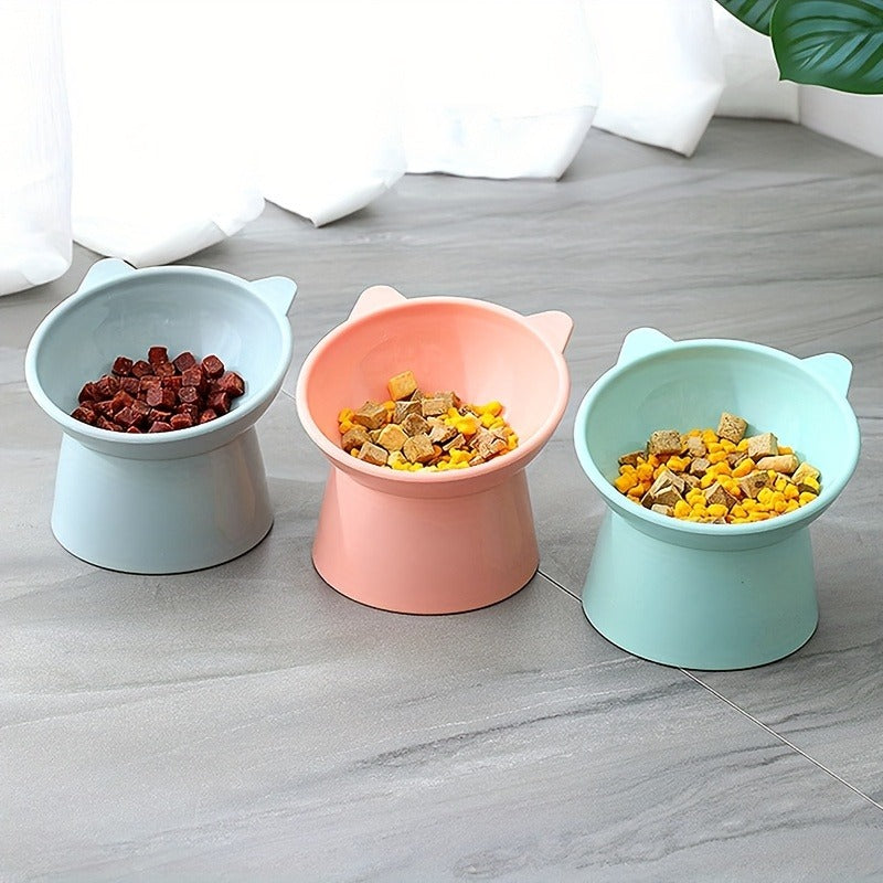 Cat Ear Shaped Raised Cat Bowls Set of 3 – Elevated Feeder Anti-Slip Base Neck Comfort Design, Pink Green Blue Feeding Dish for Cats