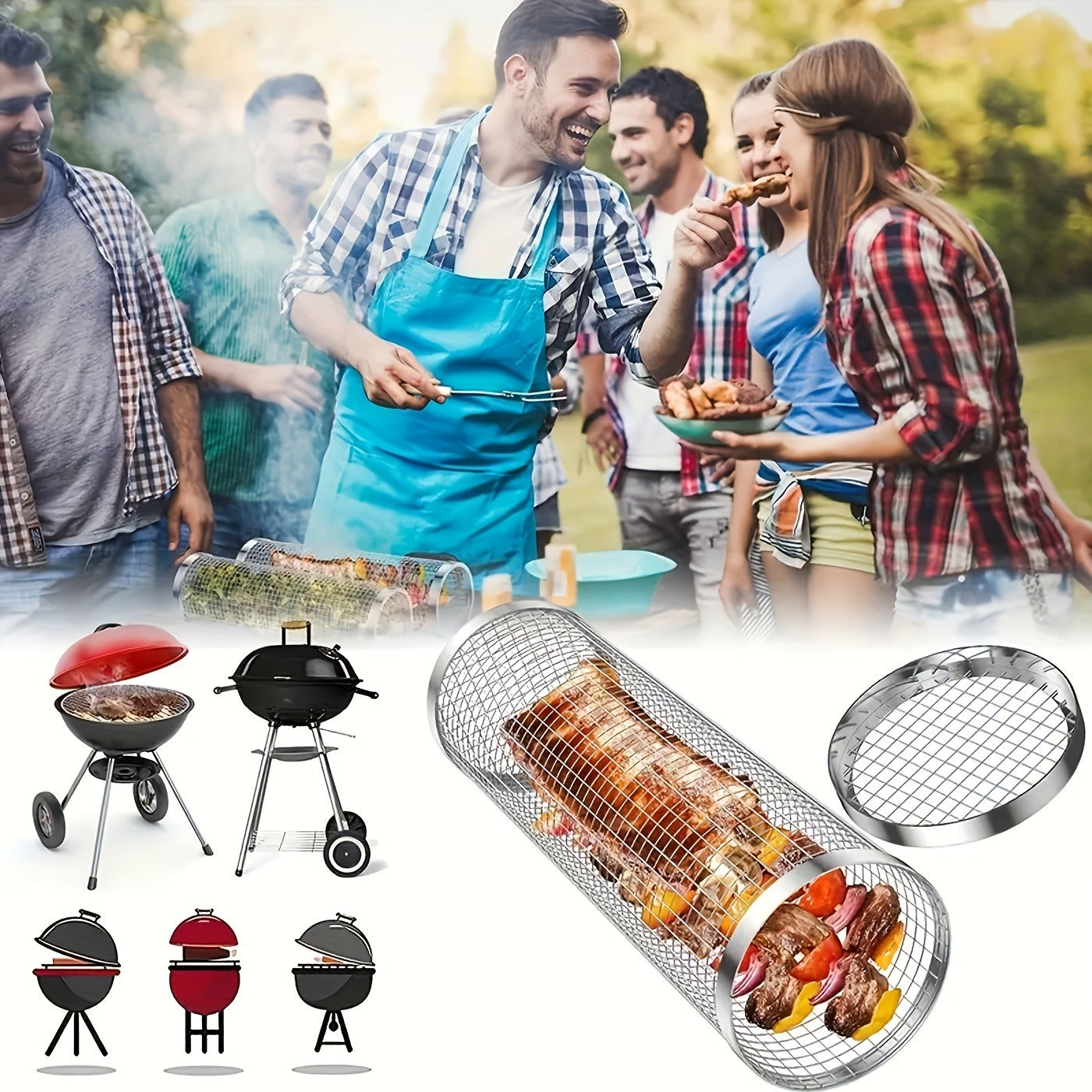 Rolling Grill Basket Stainless Steel 2-Pack, Cylinder BBQ Basket with Hook & Fork for Vegetables