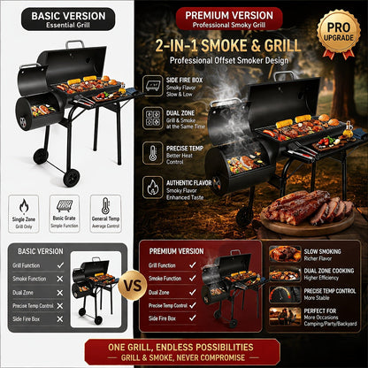 Barrel Charcoal Grill with Offset Smoker, Wheeled Cart, Side Firebox and Two Black Configuration Options