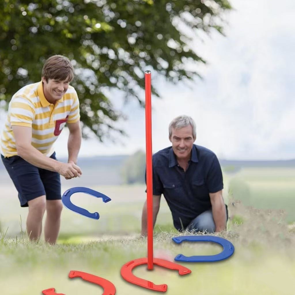 Horseshoes Game Set Heavy Duty – 4 Forged Steel Horse Shoes & 2 Stakes, 1.2lb Each, Red & Blue – Outdoor Lawn Game for Adults & Family