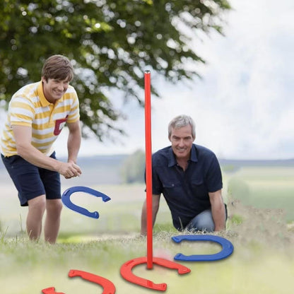 Horseshoes Game Set Heavy Duty – 4 Forged Steel Horse Shoes & 2 Stakes, 1.2lb Each, Red & Blue – Outdoor Lawn Game for Adults & Family