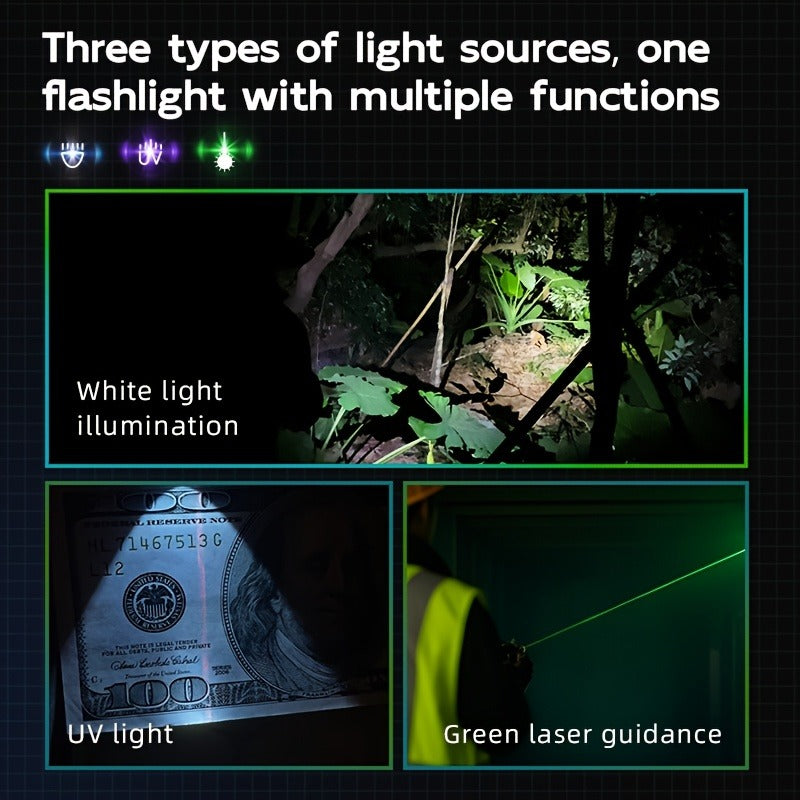 Flashlight 3-in-1 White, UV365 and Green Light Torch with Side Magnet in Black or Blue for Inspection