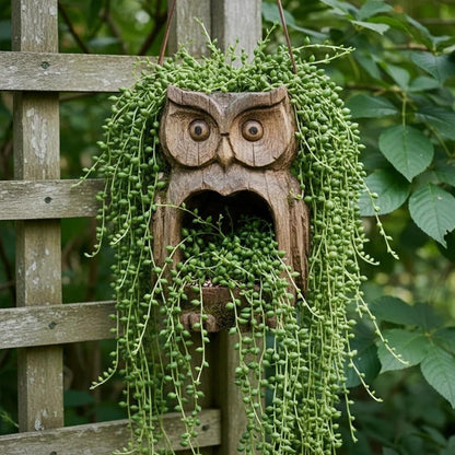 Bird Feeder Hanging Outdoor Rustic Wood Owl-Shaped Plant Pot for Patio Lawn Garden Decor – Open Design Decorative Planter for Bird Seed