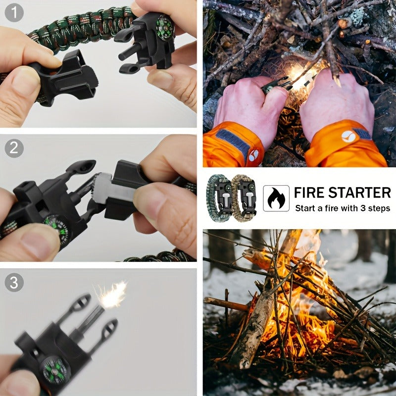Paracord Survival Bracelet 2-Pack – 5-in-1 Tactical Emergency Bracelet with Fire Starter, Compass, Loud Whistle & Scraper
