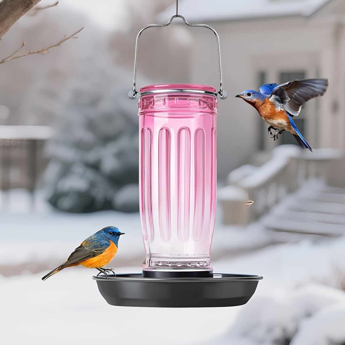 Bird Waterer Outdoor Hanging Glass Wild Bird Water Dispenser with Metal Handle – Gravity Fed Garden Yard Patio Tree Bird Feeder