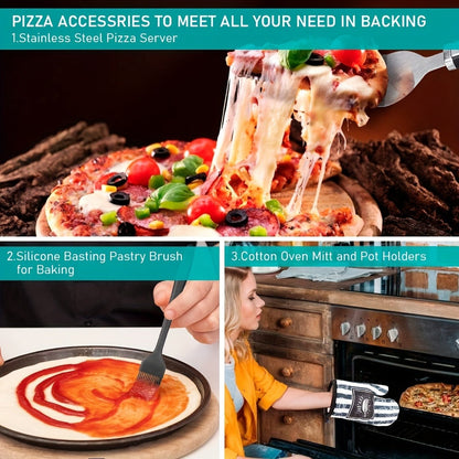 Pizza Stone Set 7-Piece with Tools – Cordierite Baking Stone with Stainless Steel Peel Cutter Brush & Heat-Resistant Gloves | Crispy Crust