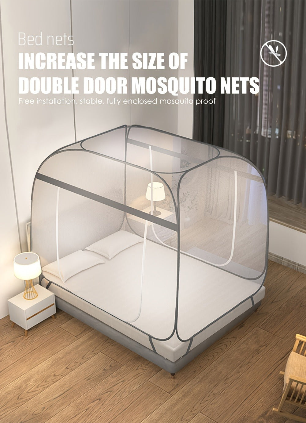 Mosquito Net Canopy Bed, Yurt Style 360° Full Coverage, Stainless Steel Frame, Easy Open Design for Bedroom