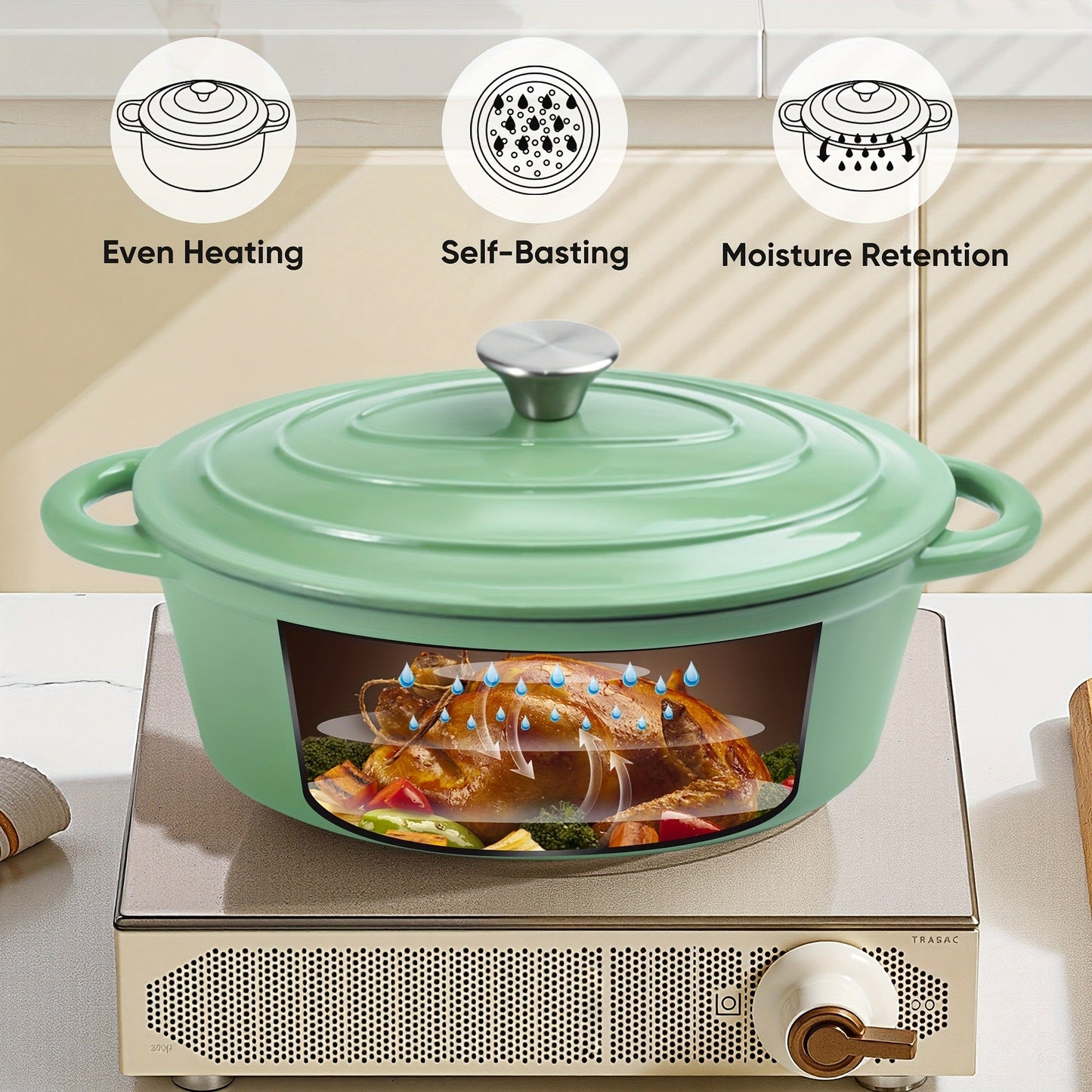 Dutch Oven Enameled Cast Iron 4.5QT with Lid & Dual Handles – Oval Non-Stick Enamel Coating for Bread Baking Soups Stews Braising | Stovetop