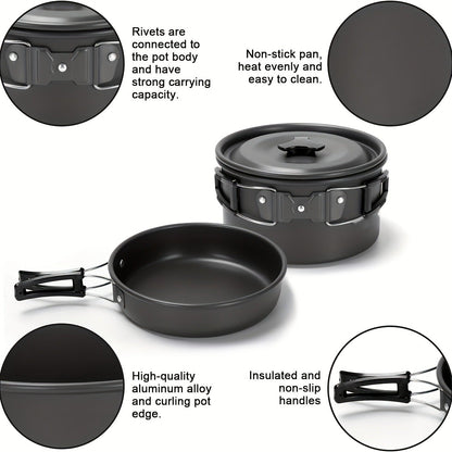 15-Piece Camping Cookware Set with Non-Stick Aluminum Alloy Pots & Pans – Portable Outdoor Cooking Kit with Kettle, Frying Pan, Cooking Pot