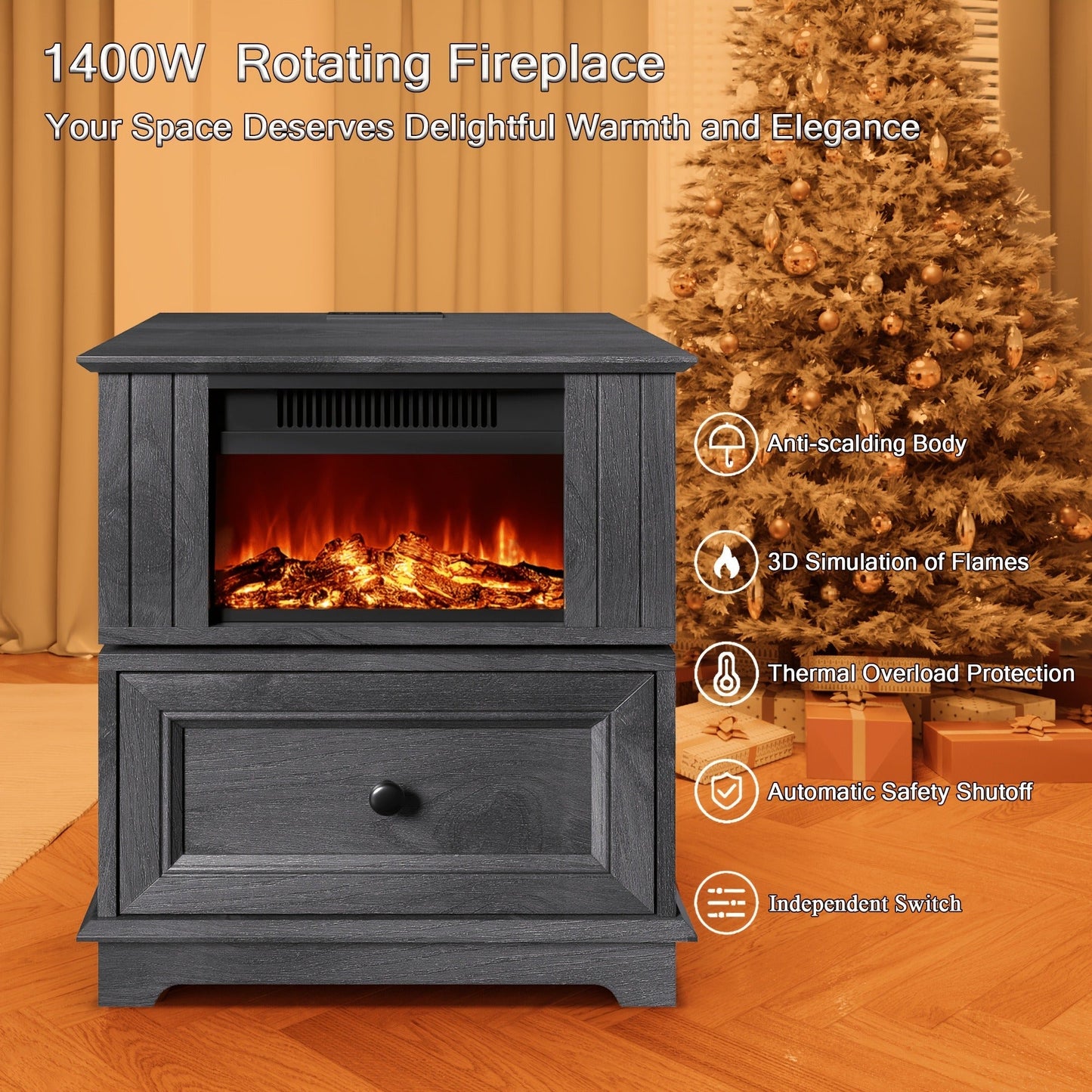 Electric Stove Heater End Table Rotatable Fireplace Side Table 1400W 4800 BTU Indoor Heater with Storage for Garden, Patio and Yard Use
