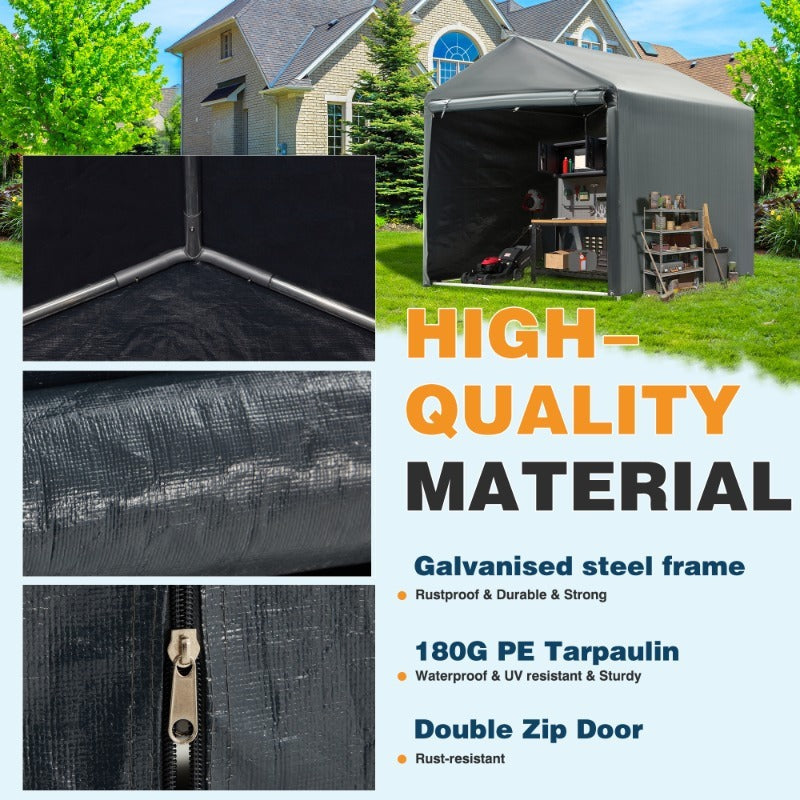 Portable PE-Tarpaulin Outdoor Storage Shelter with Steel Frame in 5 x 7.2 Ft or 6.3 x 8 Ft Sizes