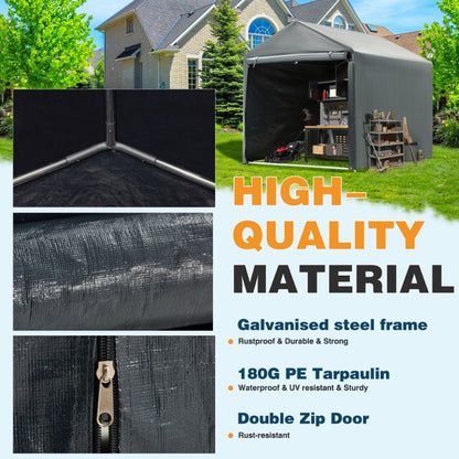 Portable PE-Tarpaulin Outdoor Storage Shelter with Steel Frame in 5 x 7.2 Ft or 6.3 x 8 Ft Sizes