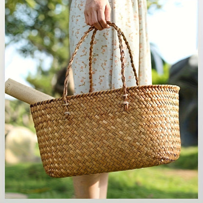 Large Woven Straw Picnic Tote Basket with Long Handles, Open Top Natural-Color Outdoor Carry Design