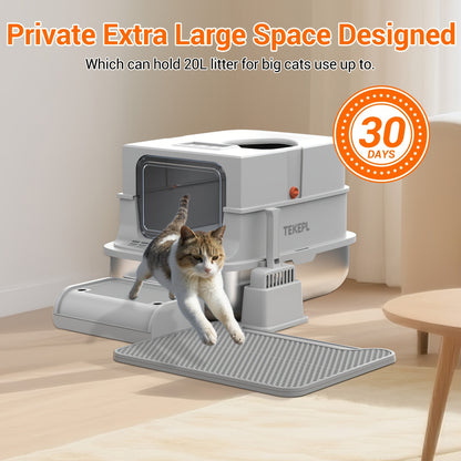 Stainless Steel Cat Litter Box with Lid – Extra Large 68L Enclosed & Semi-Open Modular System, 304 Steel Non-Stick Easy Clean