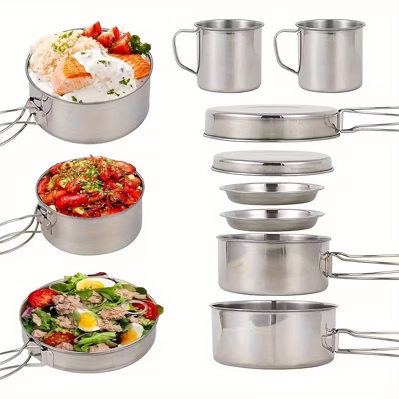 Camping Tableware Set 8 Piece Stainless Steel – Portable Outdoor Dining Set with Foldable Handle Plates, Cups & Utensils | Lightweight