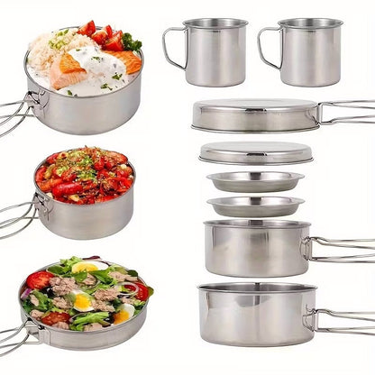 Camping Tableware Set 8 Piece Stainless Steel – Portable Outdoor Dining Set with Foldable Handle Plates, Cups & Utensils | Lightweight