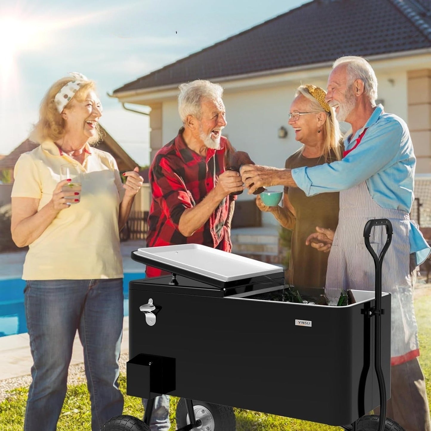 Rolling Cooler Cart 80QT Portable Wagon with 10" Wheels, Patio Beach Outdoor Drink Cooler, for Camping, Travel and Outdoor Use