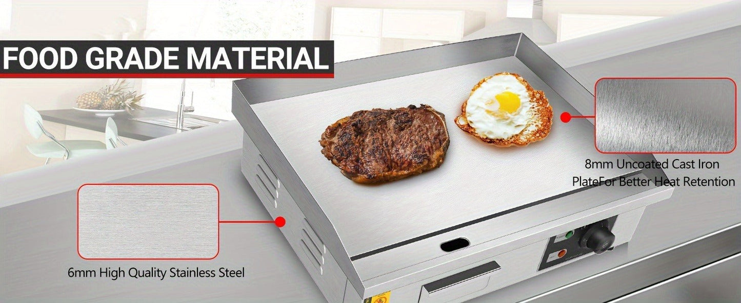 Flat Top Griddle 22 Inch 1600W Electric Countertop Teppanyaki Grill Non-Stick Stainless Steel Commercial for Garden, Patio and Yard Use