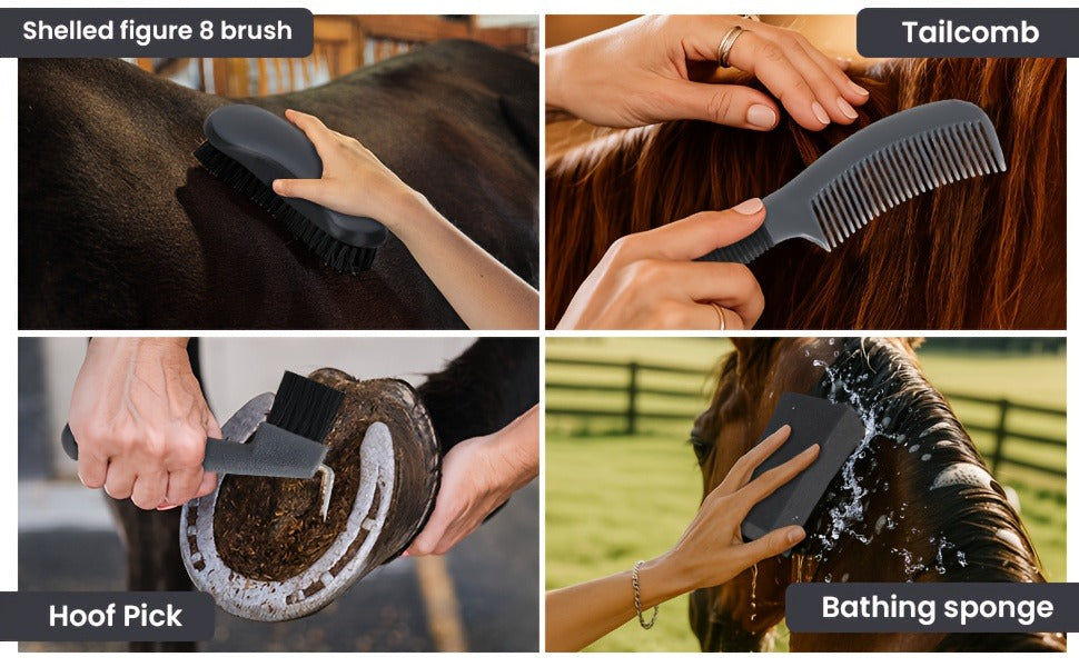 Horse Grooming Kit 11-Piece Set with Storage Bag – Complete Beginner & Daily Care Set with Curry Comb, Reversible Brush & Braiding Tools |