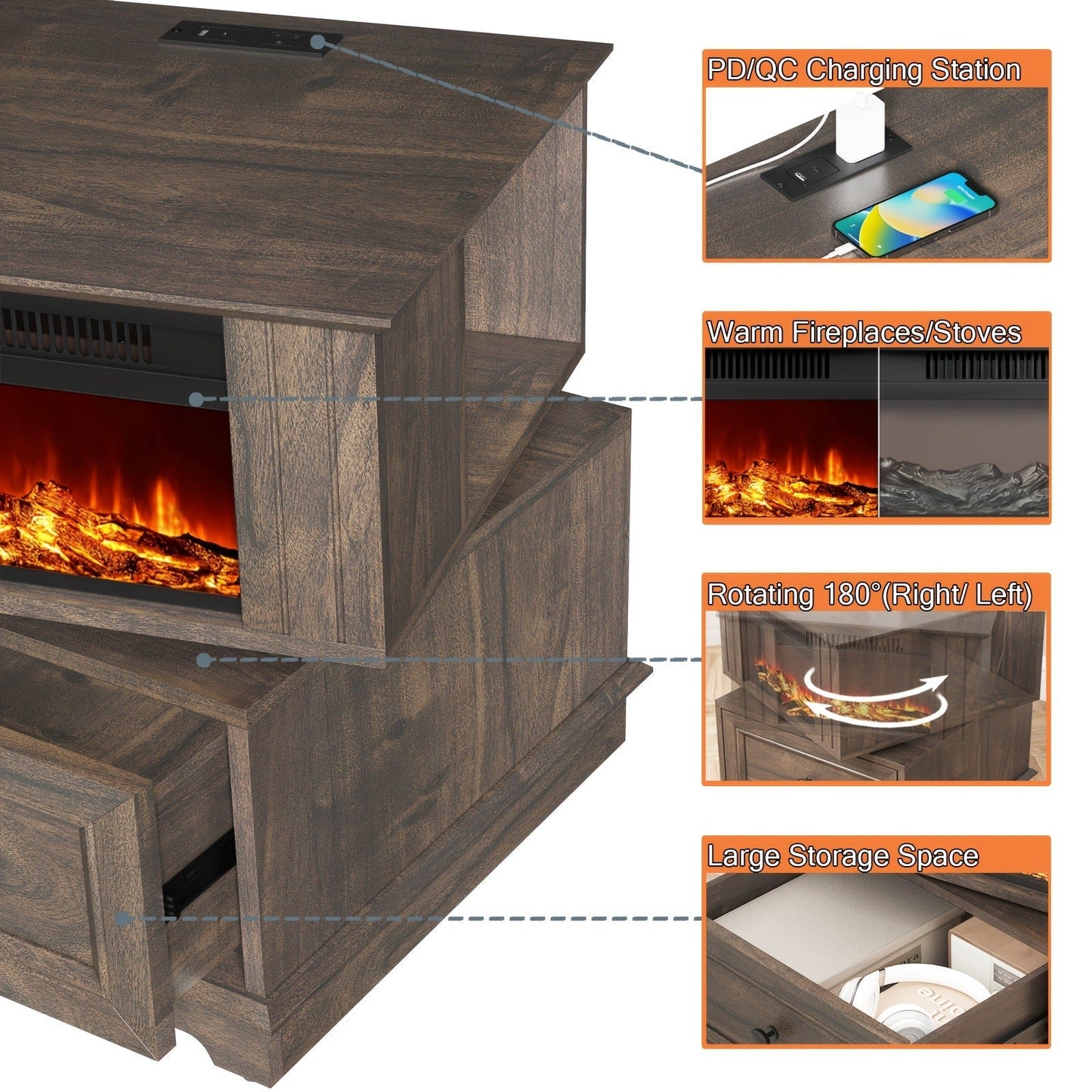 Electric Fireplace End Table Rotating 13-Inch Screen Side Table with Fast Charging Station Storage Shelf for Living Room Bedroom
