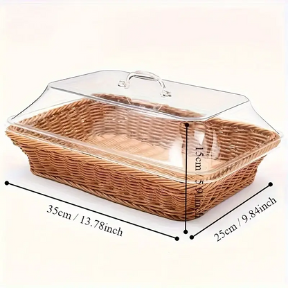 Wicker Bread Basket with Clear Acrylic Lid Rattan Storage Basket Washable Food Tray for Bread Fruit Desserts Kitchen Picnic Home Display