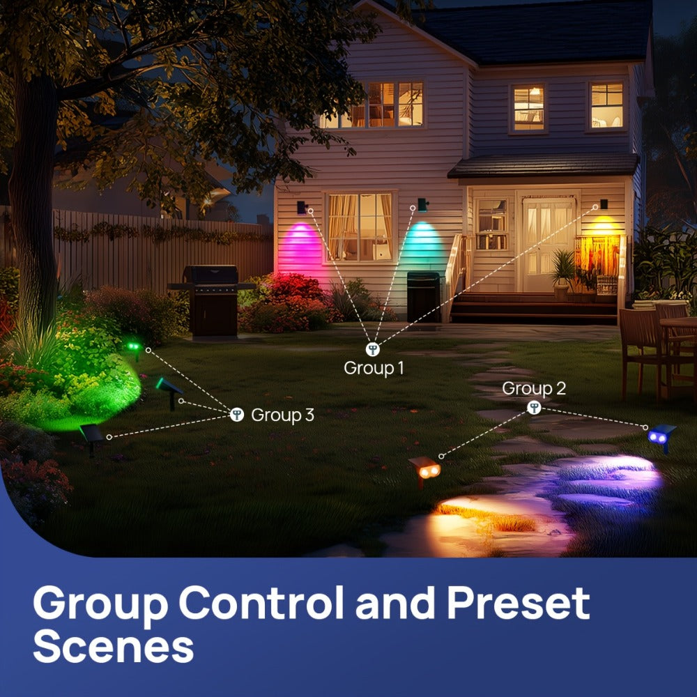 Solar Outdoor Spotlights RGB Smart Color Changing, App & Voice Control, Music Sync, 16M Colors, 14H Battery
