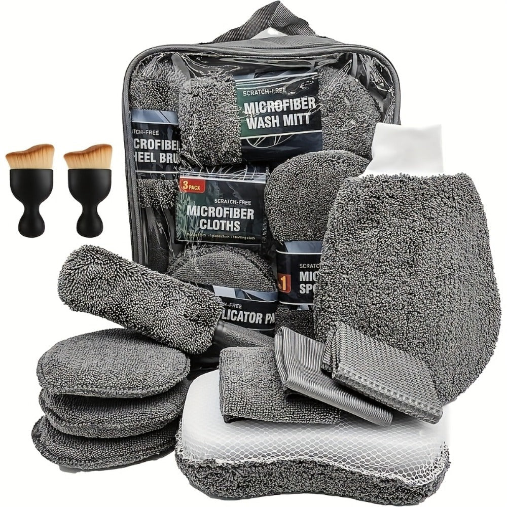 11-Piece Car Cleaning Kit with Microfiber Wash Mitts, Tire Brushes, Applicator Pads and Gray Storage Bag