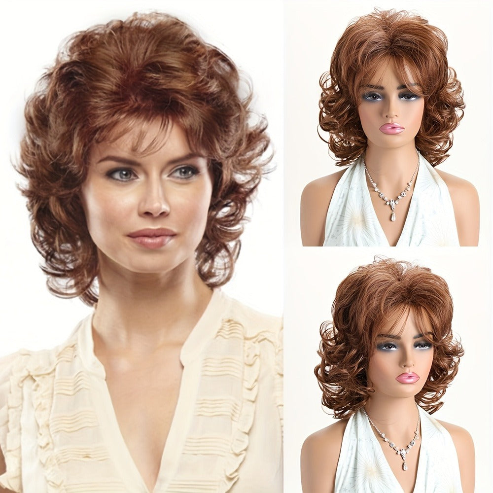 Synthetic Wig 14-Inch Short Curls with Slanted Bangs and Rose Net Cap in Three Colors for Daily Styling
