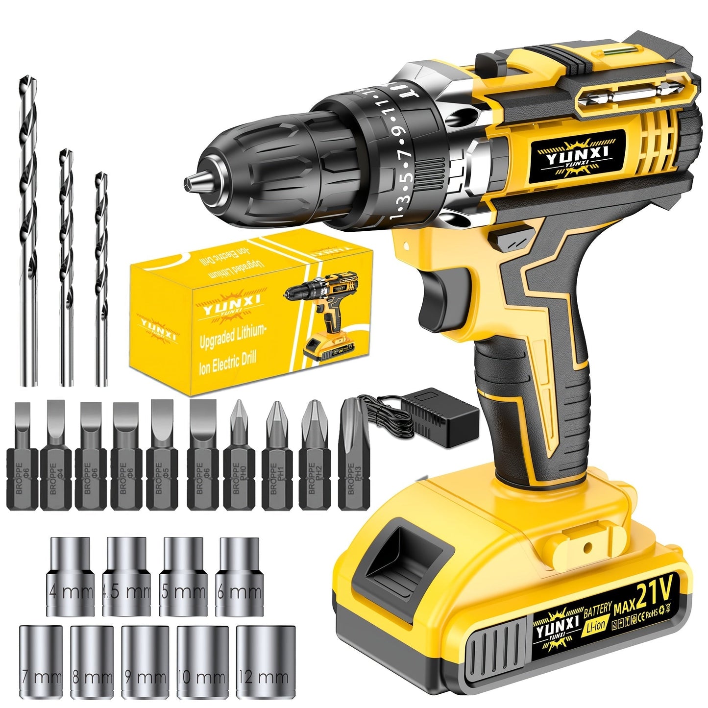 Cordless Impact Drill Set 21V, Electric Power Drill with 2.0Ah Battery, Fast Charger, Screwdriver Bits