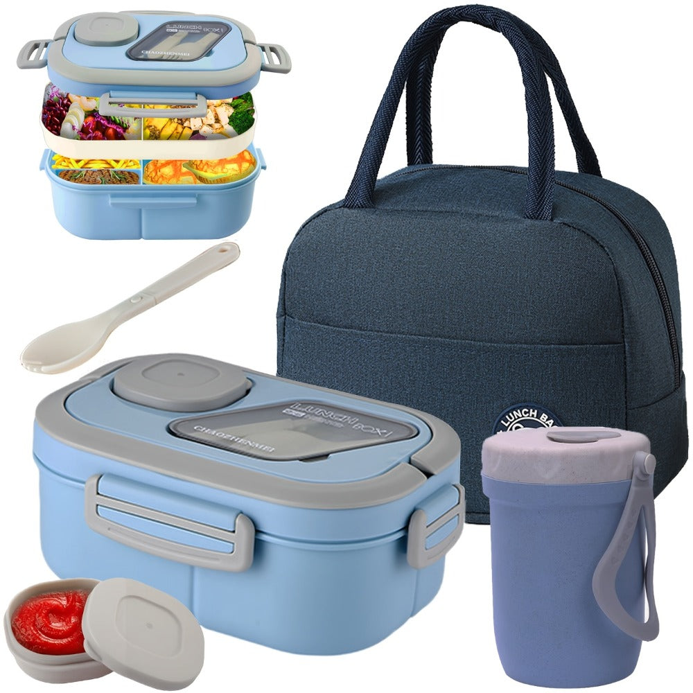 2-Layer Bento Lunch Box Set with Cup and Meal Bag - Multi-Grid Lunch Box for School, Office & Outdoor Picnics