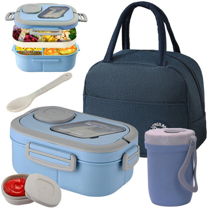 2-Layer Bento Lunch Box Set with Cup and Meal Bag - Multi-Grid Lunch Box for School, Office & Outdoor Picnics