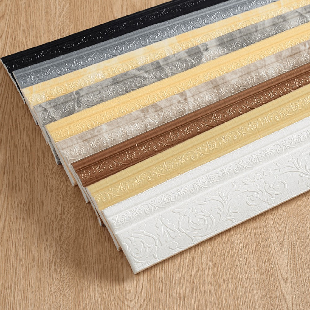 3D Self-Adhesive Foam Baseboard Wall Trim Sticker Waterproof Peel and Stick Carved Wallpaper Border Skirting for Home Decor White Silver